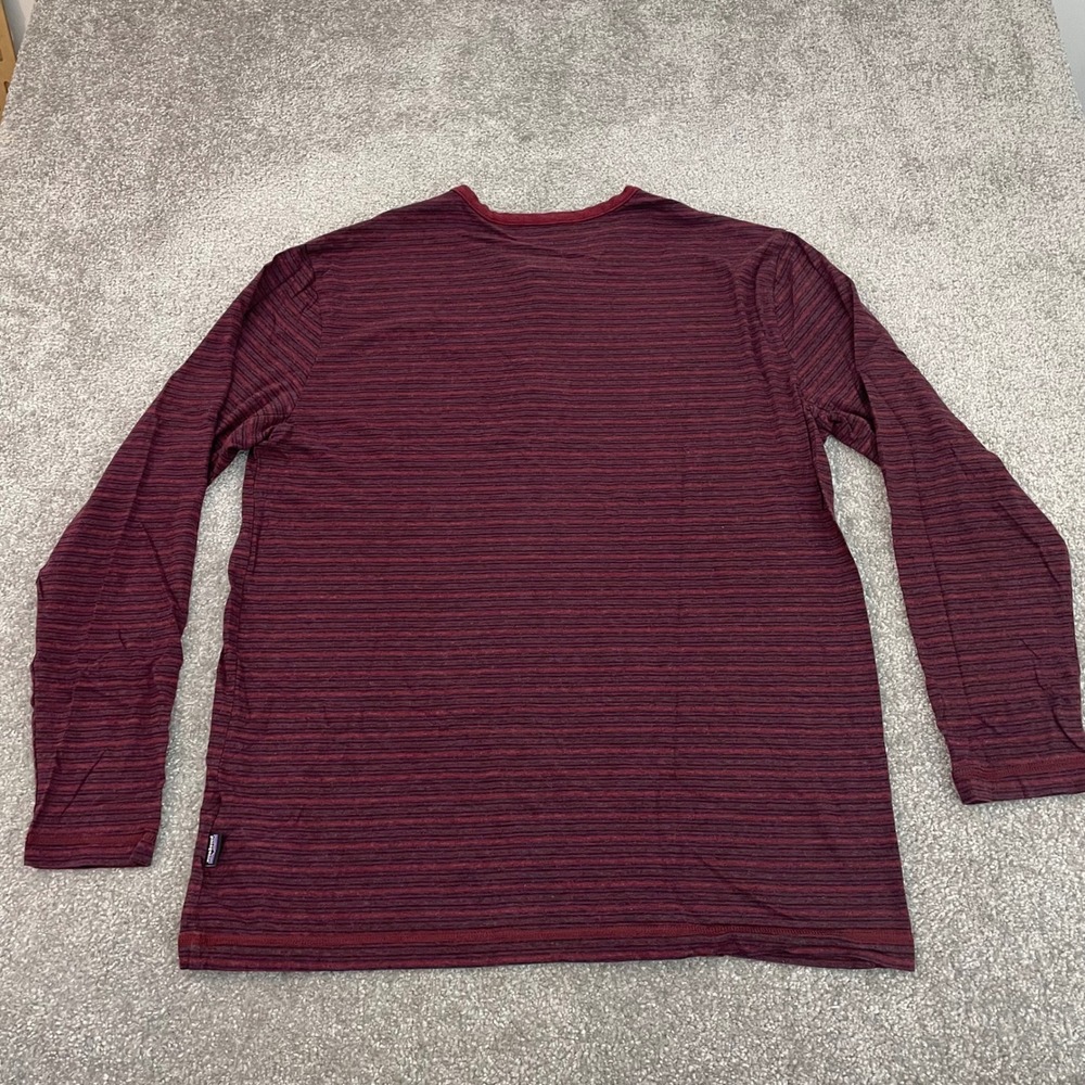 Patagonia Henley Shirt Mens Large Burgundy Striped Organic Cotton Long Sleeve - Picture 6 of 9